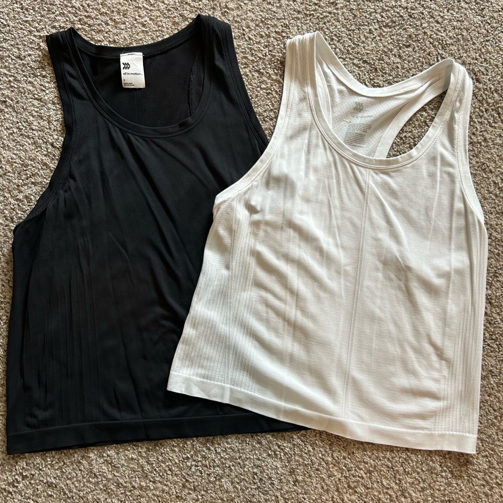 All in Motion Black and White Sleeveless Crop Tank Tops